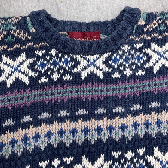 Arbor Way Sweater Men Medium Blue Multi Fair Isle Snowflake‎ Cotton Ramie VTG - Picture 2 of 11